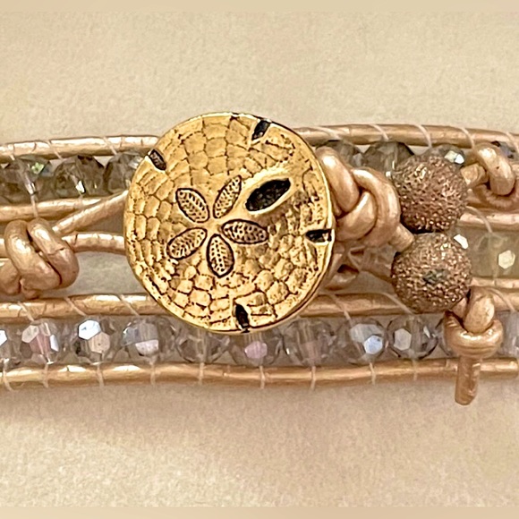 Metallic Leather Wrap Anklet Bracelet Hand Made with Sand Dollar Seashell Clasp - Picture 4 of 8